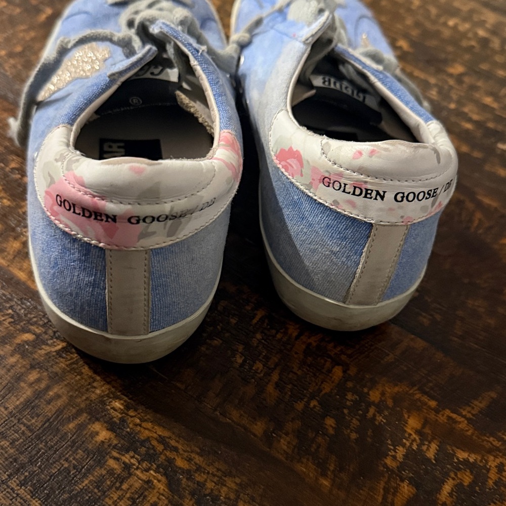 Golden Goose Light Blue Denim Sneakers with silver star and floral accent - Picture 3 of 4